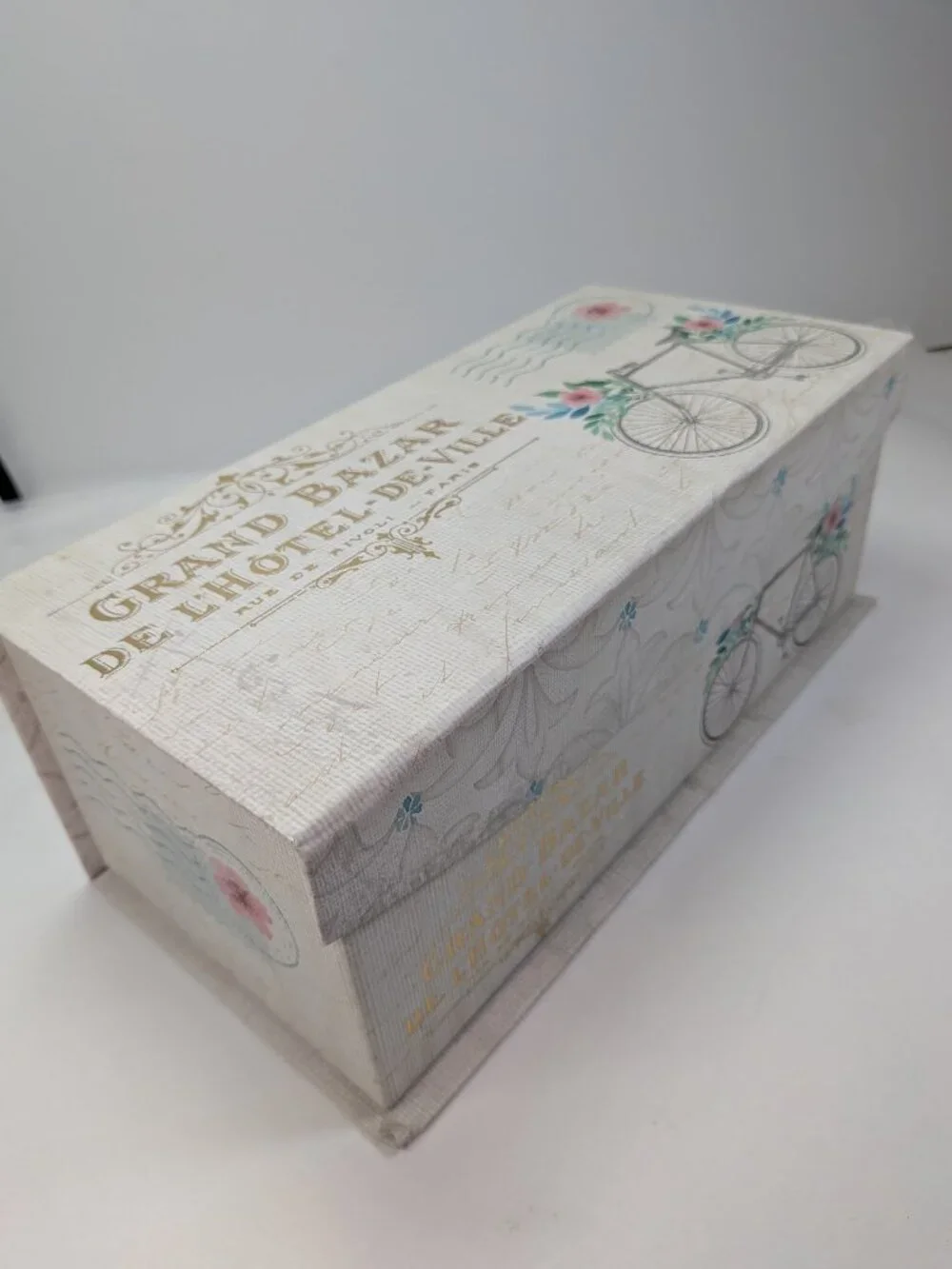 Paris France Storage Box Bicycle Gold Metallic Floral Postcard Art Blue